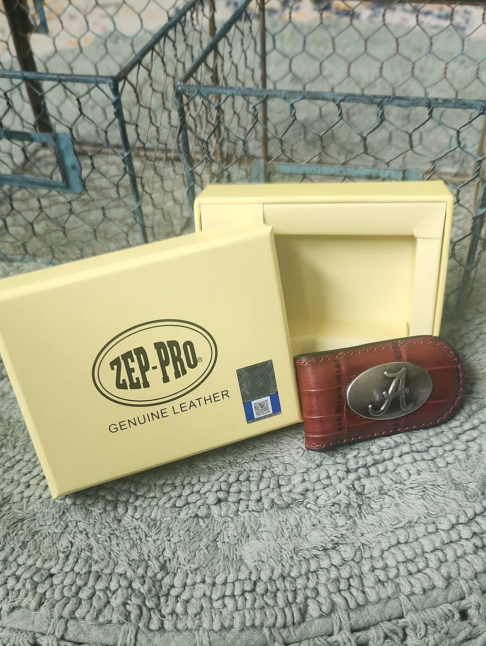 NIB Zep Pro Genuine Leather Alabama Crimson Tide Cash Money Clip Brown Gift Box